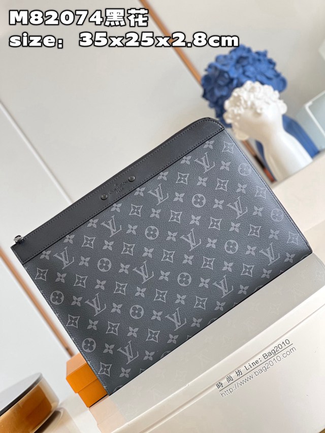 LV專櫃2023新款大容量Pochette Jour手拿包 M82074黑花 路易威登男款大號手包 dn1384